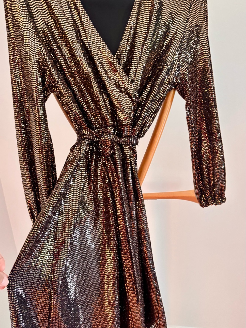 Metallic Bronze Wrap Dress with Belt
